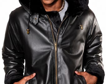 Chaqueta bomber de cuero B-3 para hombre, abrigo de piel sintética negra con borrego / Chaqueta de aviador de invierno con capucha / Prenda de abrigo de lujo con ribete de piel negra