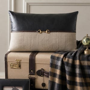 Black & Beige Leather Linen Lumbar Pillow Cover | Modern Patchwork Cushion Cover with Metal Horse Bit | 12x20, 14x14, 16x16, 18x18