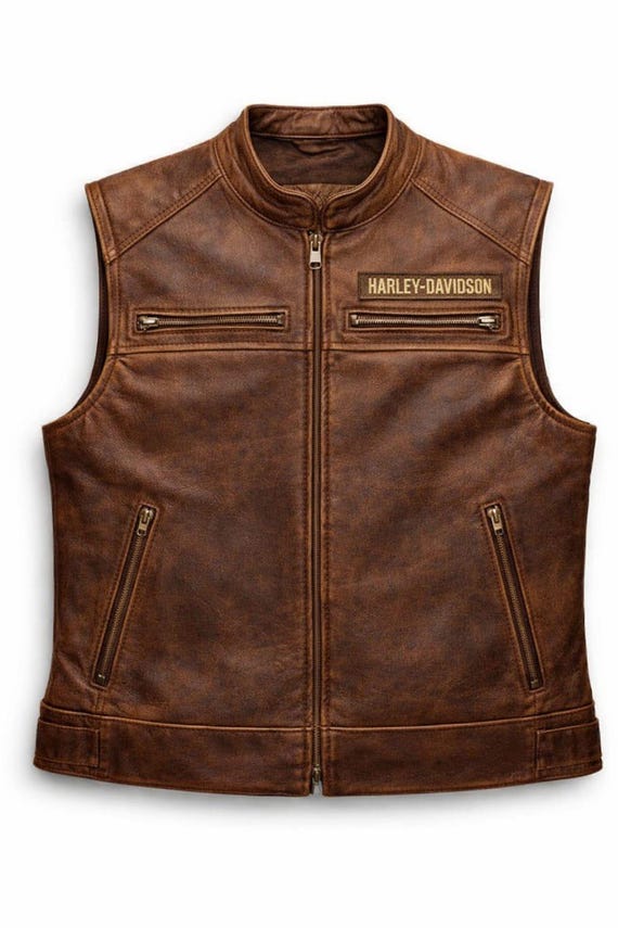 90s y2k Harley-Davidsonレザー ベスト Lサイズ ブラウン Handmade Men's Harley Passing Link Biker Vest Davidson Brown