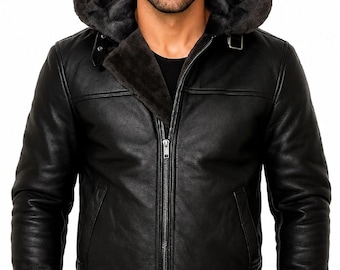 Giacca da uomo in ecopelle e pelliccia sintetica B3 Flight Pilot con cappuccio rimovibile, cappotto in pelle nera, giacca invernale da aviatore in montone, regalo per lui