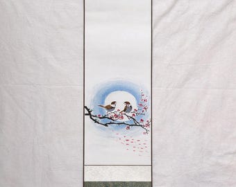 Personalized Korean Scroll Art | Custom Calligraphy Hanging Scroll | Korean Wall Decor | Sparrow & Plum Blossom Painting