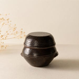 May include: A dark brown, handcrafted ceramic pot with a lid. The pot has a rounded shape with a textured surface and small handles on the sides. The lid sits snugly on top, creating a complete, functional piece.