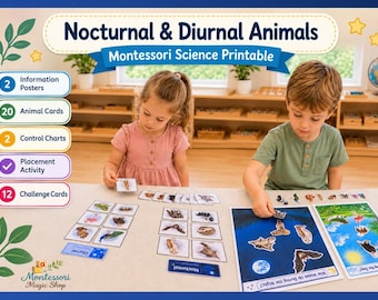 May include: A Montessori science printable set titled Nocturnal & Diurnal Animals, featuring 2 information posters, 20 animal cards, 2 control charts, a placement activity, and 12 challenge cards. The set includes illustrated cards and activity sheets.