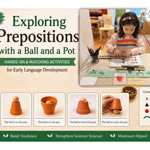 May include: Educational Montessori material for early language development. The image shows a child interacting with a learning activity. The activity focuses on prepositions using a ball and a pot. The text reads "Exploring Prepositions with a Ball and a Pot".