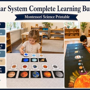 Könnte beinhalten: Ein Solar System Complete Learning Bundle Montessori Science Printable Set mit Lernpostern, dreiteiligen Zuordnungskarten, einem Malheft, Kontrollkarten, Informationskarten und einer großen Poster-Aktivität zum Sonnensystem.