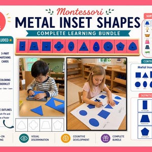 May include: A Montessori metal inset shapes learning bundle featuring ten blue geometric shapes in a wooden tray, 3-part matching cards, a colouring booklet, shape outlines, a control chart, and definition cards for educational use.
