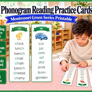 May include: Phonogram Reading Practice Cards Montessori Green Series printable set featuring 68 cards, 13 phonogram groups, and 544 word entries. The cards display words with images like a chick and a car, with text highlighting specific phonograms.