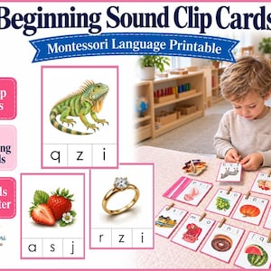 May include: Beginning Sound Clip Cards Montessori Language Printable set featuring 52 cards with A-Z beginning sounds, two cards per letter. Includes illustrations of an iguana, strawberries, and a gold ring with a diamond, alongside letter options.