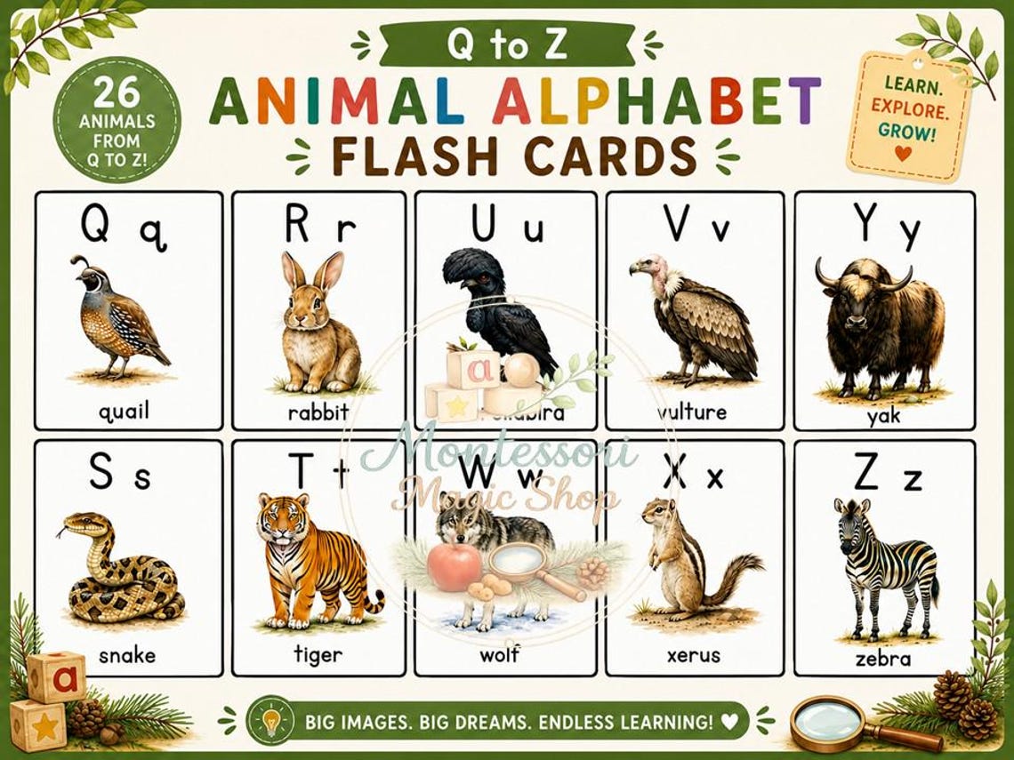 Animal Alphabet Flash Cards Printable | Montessori ABC Learning Cards