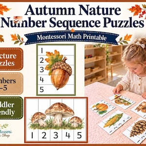 Könnte beinhalten: Herbst-Natur-Zahlenfolgen-Puzzles als Montessori-Mathe-Druckvorlage mit 8 Bilderrätseln für die Zahlen 1-5. Das Set enthält Karten mit Illustrationen von Eicheln, Pilzen, Kürbissen, Eichhörnchen, Maiskolben und Tannenzapfen für Kleinkinder.