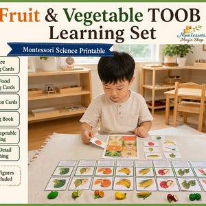 Könnte beinhalten: Ein Fruit & Vegetable TOOB Lernset Montessori Science Printable mit Figuren-Zuordnungskarten, echten Lebensmittel-Zuordnungskarten, Informationskarten, einem Malbuch, Obst- und Gemüsesortierung sowie Innendetail-Zuordnung. TOOB-Figuren sind nicht enthalten.
