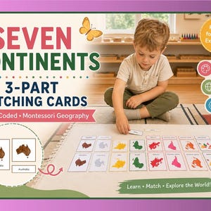 Puede incluir: Un juego de tarjetas de emparejamiento de tres partes sobre los siete continentes con ilustraciones geográficas codificadas por colores. Las tarjetas educativas muestran mapas del mundo con etiquetas de texto para cada continente.