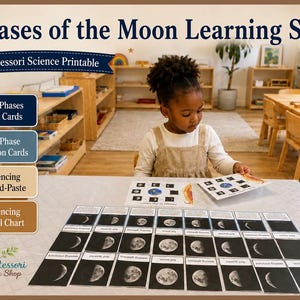 Puede incluir: Un conjunto educativo Phases of the Moon Learning Set Montessori Science Printable con una cuadrícula de tarjetas que muestran las fases lunares, incluyendo tarjetas de tres partes, tarjetas de definición y hojas de secuencia.