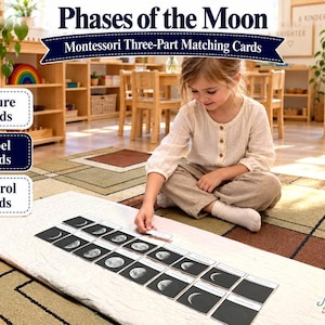 Puede incluir: Un conjunto de tarjetas de correspondencia Montessori de tres partes sobre las fases de la luna con imágenes en blanco y negro de los ciclos lunares. Incluye tarjetas de imagen, etiquetas y tarjetas de control sobre una superficie blanca.