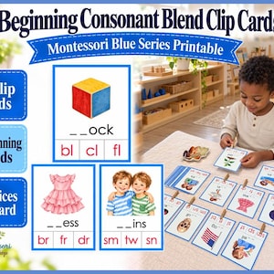 Montessori-Blaue Serie: Clipkarten zu Anfangskonsonantenverbindungen, Lautleseübung zum Ausdrucken, 32 Karten, 20 Verbindungen
