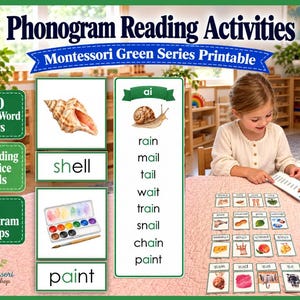 May include: Phonogram Reading Activities Montessori Green Series printable set featuring 200 picture-word pairs, 68 reading practice cards, and 13 phonogram groups. Includes illustrations of a seashell, a snail, and a watercolor paint set.