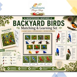 May include: A Backyard Birds Matching & Learning Set with 3-part cards, a coloring book, and information cards. The set includes a scavenger hunt and is designed for ages 3-8. The set features images of various birds.