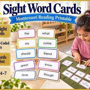 Puede incluir: Un conjunto de tarjetas de palabras visuales imprimibles con 100 palabras divididas en 10 juegos codificados por colores para edades de 4 a 7 años. Las tarjetas muestran palabras individuales como the, what, my, come, should, friend, great, know, love.