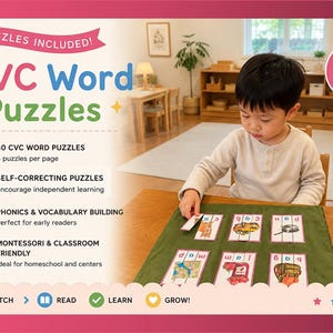 Op de afbeelding: CVC-woordpuzzels educatieve set met in totaal 30 puzzels. De set bevat zelfcorrigerende kaarten voor fonetiek en woordenschatontwikkeling. De tekst op de afbeelding luidt 30 PUZZLES INCLUDED, CVC Word Puzzles, 30 PUZZLES TOTAL, MATCH, READ, LEARN, GROW.