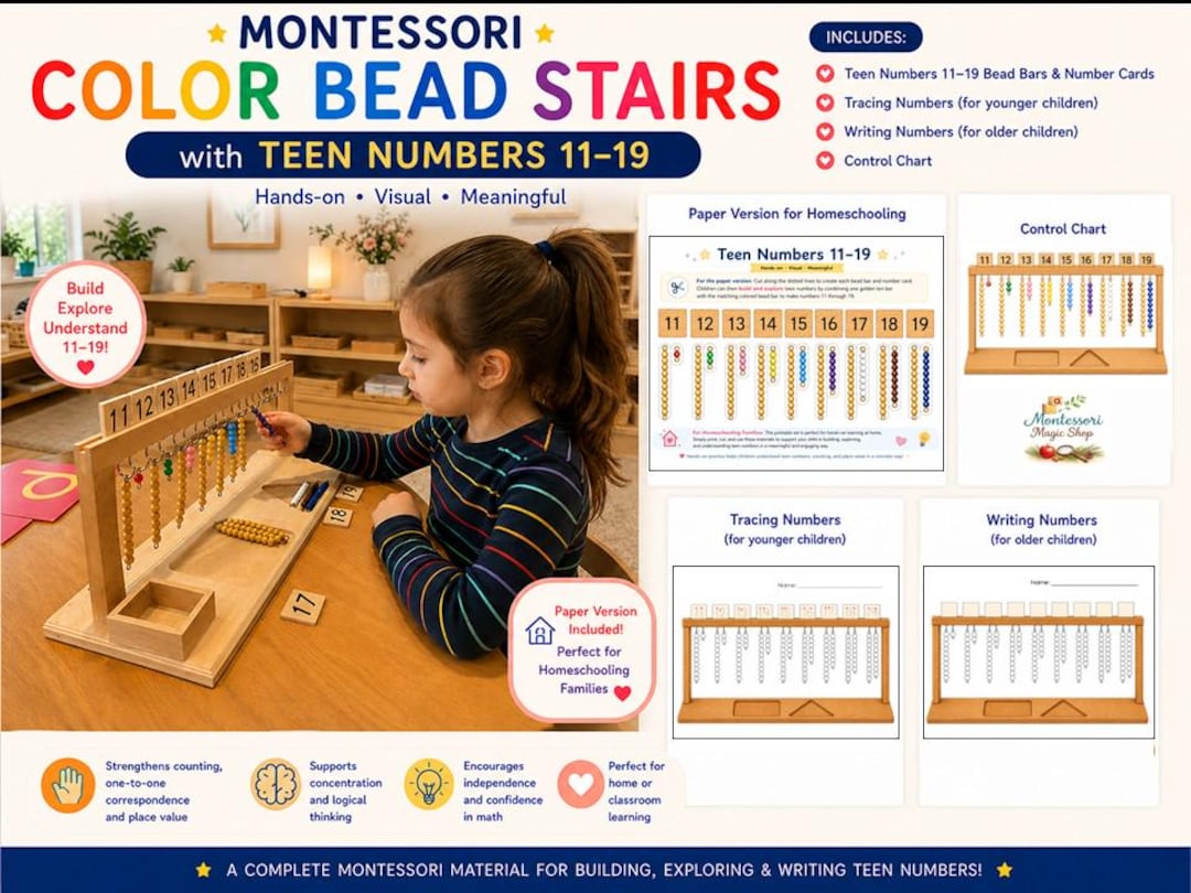 Montessori Teen Numbers Color Bead Stairs | Homeschool Math Worksheets ...