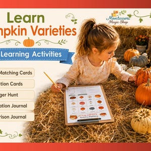 May include: Educational learning material titled Learn Pumpkin Varieties with 5 Learning Activities including 3-Part Matching Cards, Information Cards, Scavenger Hunt, Observation Journal, and Comparison Journal, featuring a pumpkin identification worksheet.