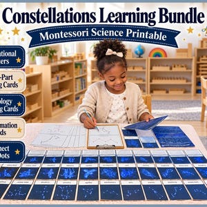 Può includere: Un set di materiale didattico Montessori stampabile sulle costellazioni, che include poster educativi, carte di nomenclatura in tre parti, carte sulla mitologia, schede informative e attività di unisci i puntini con grafiche stellate.