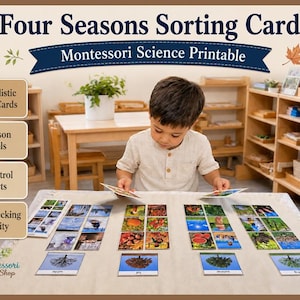 Pode incluir: Conjunto de cartões de classificação das quatro estações Montessori Science Printable com 24 cartões fotográficos realistas, 4 etiquetas de estação e 4 tabelas de controlo. A atividade educativa inclui cartões com imagens e texto para verificação.
