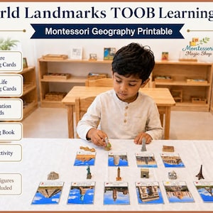 Pode incluir: Conjunto de aprendizagem World Landmarks TOOB Montessori Geography Printable que inclui cartões de correspondência de figuras, cartões de correspondência da vida real, cartões de informação, um livro de colorir e uma atividade de mapa.
