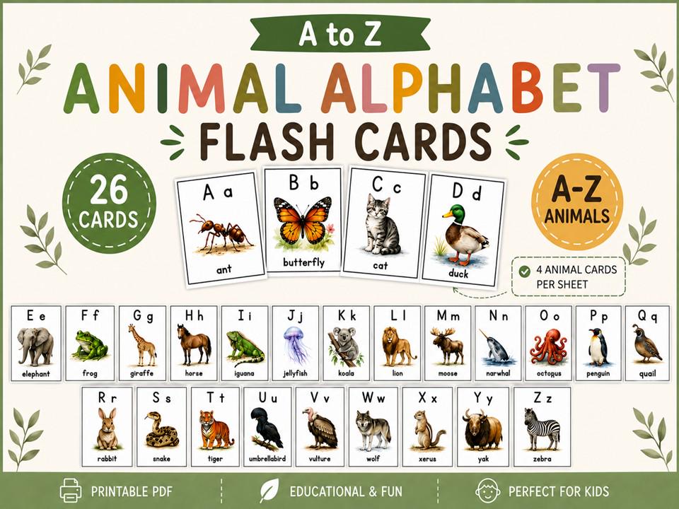 Animal Alphabet Flash Cards Printable | Montessori ABC Learning Cards ...