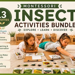 Pode incluir: Um pacote de atividades Montessori sobre insetos com 13 atividades, incluindo descoberta científica, correspondência, observação, motricidade fina e aprendizagem precoce. Inclui cartões de insetos, figuras de insetos e cestos brancos.
