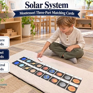 Könnte beinhalten: Solar System Montessori Drei-Teile-Zuordnungskarten-Set mit Bildkarten, Beschriftungskarten und Kontrollkarten. Die Karten zeigen farbenfrohe Illustrationen von Planeten und Himmelskörpern, die in Reihen auf einer hellen Matte angeordnet sind.