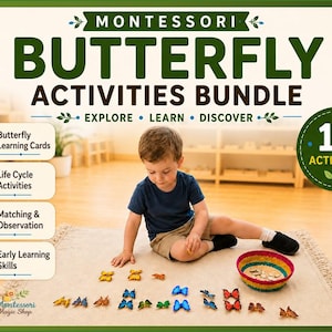 May include: A Montessori Butterfly Activities Bundle educational set featuring 15 activities, including butterfly learning cards, life cycle activities, matching and observation, and early learning skills, with colorful butterfly figures.