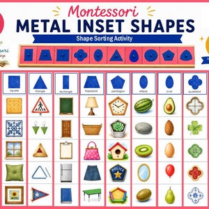 May include: A Montessori metal inset shapes sorting activity chart featuring 10 blue geometric shapes at the top and a grid below displaying 50 real-world objects categorized by shape, including a circle, square, triangle, rectangle, and others.