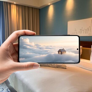 May include: A smartphone displays a serene image of a house floating above clouds, held in front of a hotel room setting. The room features a bed with white linens, blue walls, and a neutral-toned curtain.
