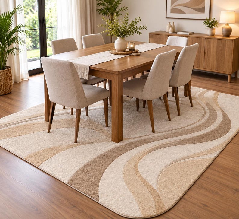 Buy Beige Abstract Tufted Area Rug, Modern Wavy Pattern Carpet, Neutral ...