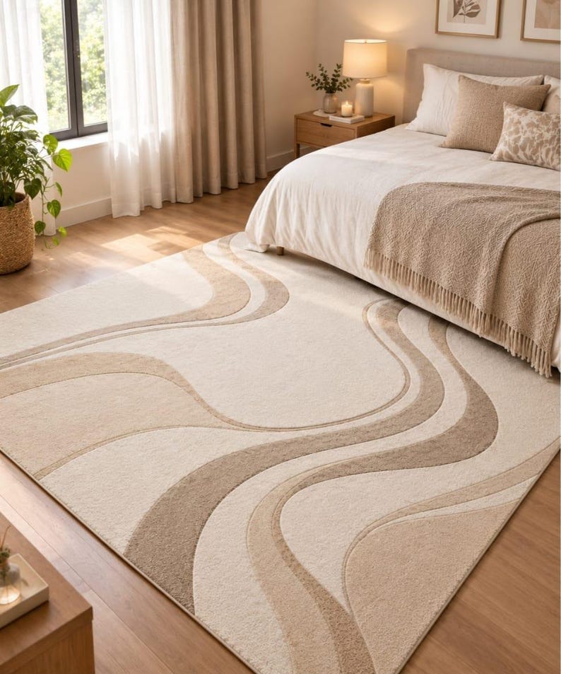 Buy Beige Abstract Tufted Area Rug, Modern Wavy Pattern Carpet, Neutral ...