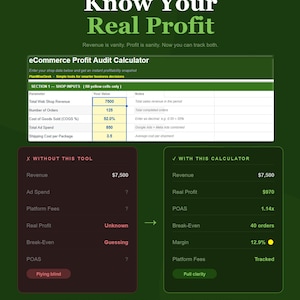 May include: An Etsy shop profit calculator spreadsheet interface on a dark green background. It features an input section for revenue, orders, and costs, alongside a comparison chart showing metrics like real profit, POAS, and margins.