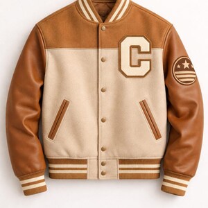 Chaqueta universitaria de lana marrón camel y beige con mangas de cuero, chaqueta estilo Letterman para hombre, abrigo minimalista de estilo urbano.