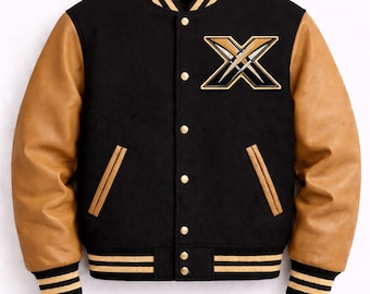 X-Men Wolverine Black Camel Brown Varsity Jacket Men, Leather Sleeve Letterman Jacket, Embroidered X Patch Streetwear Bomber Jacket