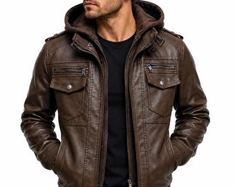 Men’s Leather Motorcycle Jacket with Hood | Brown Biker Jacket | Vintage Leather Jacket | Hooded Motorcycle Coat | Gift for Him