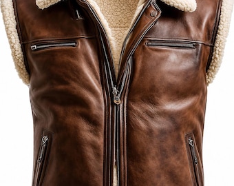 Men's Brown Genuine Leather B3 Bomber Shearling Vest Jacket - Aviator Style