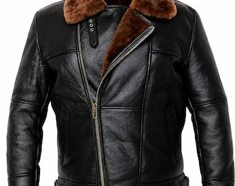 Men's Black Sheepskin Leather B3 Bomber Jacket – Real Shearling Aviator Flight Coat