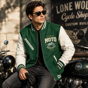 Men’s Green Varsity Motorcycle Jacket | Moto Rider Bomber Jacket | White Sleeve Streetwear | Zipper Front Patch Logo | Gen Z Biker Coat