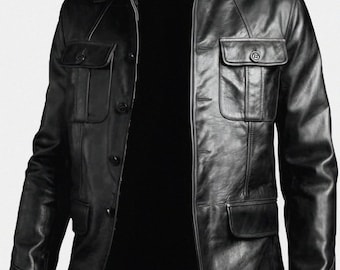 Men's Four Pockets Genuine Leather Jacket | Black Blazer Shirt Collar Coat