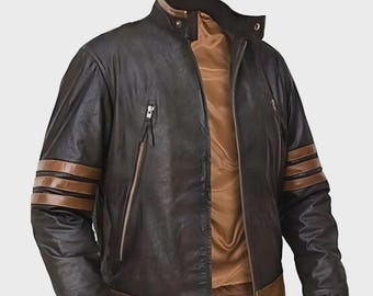X Men Wolverine Striped Leather Jacket for Wolverine Logan fans Brown