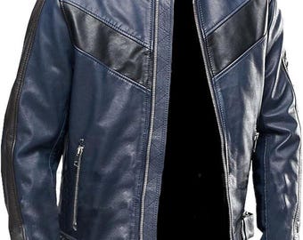 Men’s Navy Blue Leather Motorcycle Jacket, Black Panel Biker Jacket, Cafe Racer Jacket