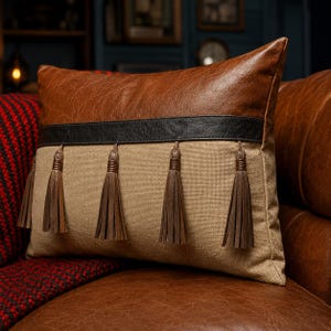 Brown Beige Leather & Textured Fabric Patchwork Lumbar Cushion Cover | Leather Tassels | Farmhouse Royal Oak | 12x20 14x14 16x16 18x18