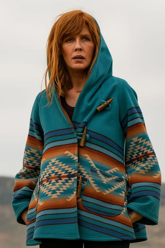 Women Kelly Reilly Beth Dutton Series 03 Blue Hooded Turquoise Aztec Coat – Women Western Boho fleece Jacket, Tribal Print Poncho Style Coat