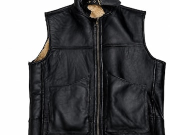 Men's Black Leather RAF B3 Shearling Bomber Vest – Handmade Aviator Flying Waistcoat
