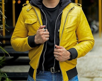 Leather Jacket Men, Genuine Lambskin Leather Bomber Jacket, Men's Leather Jacket with Removable Hood, Stylish Mens Fashion Jacket